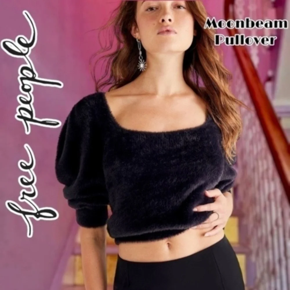 FREE PEOPLE NWT Moonbeam Puff Sleeve Fuzzy Cropped Pullover Sweater/LG